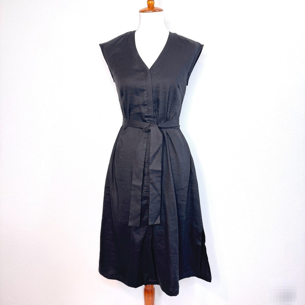 CUYANA Cap Sleeve Midi Shirt Dress XS Black Linen Lyocell Minimalist